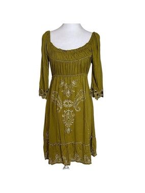 NWT Krista Lee Women’s Embellished Dress Size S Embroidery Green Ruched Ruffle